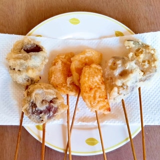 椎茸と薩摩芋と蓮根の串揚げ天ぷら